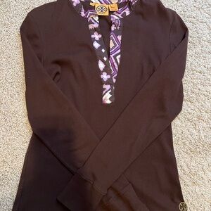 Tory Burch Women's Brown Long Sleeve Top with patterned v neck